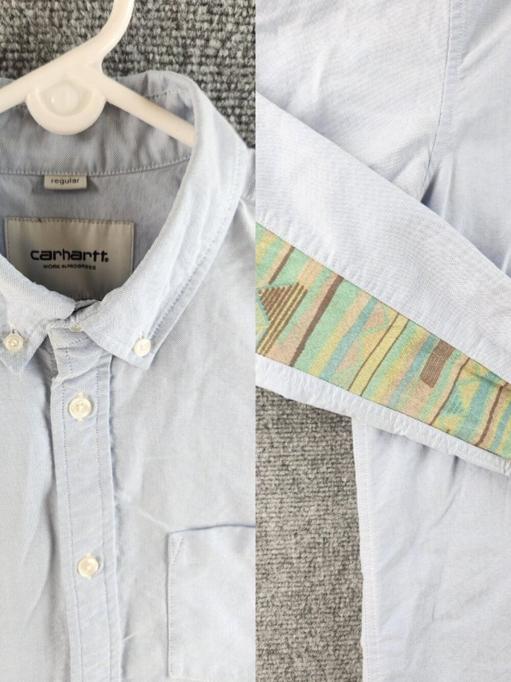 Carhartt Regular Medium Blue Button Up Shirt Aztec Pattern Long Sleeve Cotton